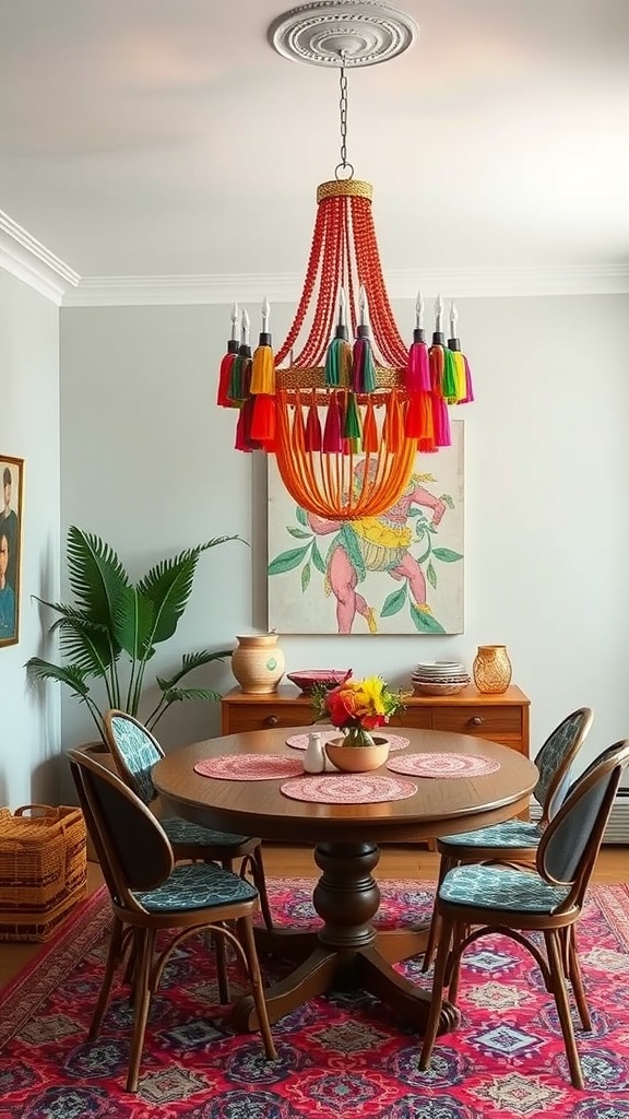 A vibrant chandelier with colorful tassels hanging above a round dining table in a boho chic setting.