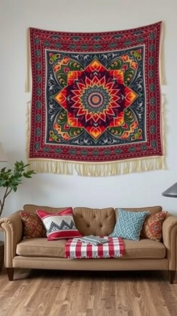 A colorful wall tapestry with a mandala design hanging above a brown sofa decorated with various patterned cushions.