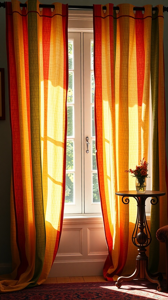 Colorful striped curtains in red, yellow, and green framing a window with a small table beside it