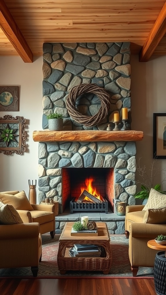 A cozy rustic living room featuring a stone fireplace with a wooden mantel, surrounded by comfortable chairs and a woven coffee table.