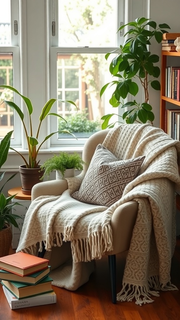 A cozy reading nook with a comfortable chair, soft blanket, decorative pillow, and a stack of colorful books, surrounded by plants and natural light.