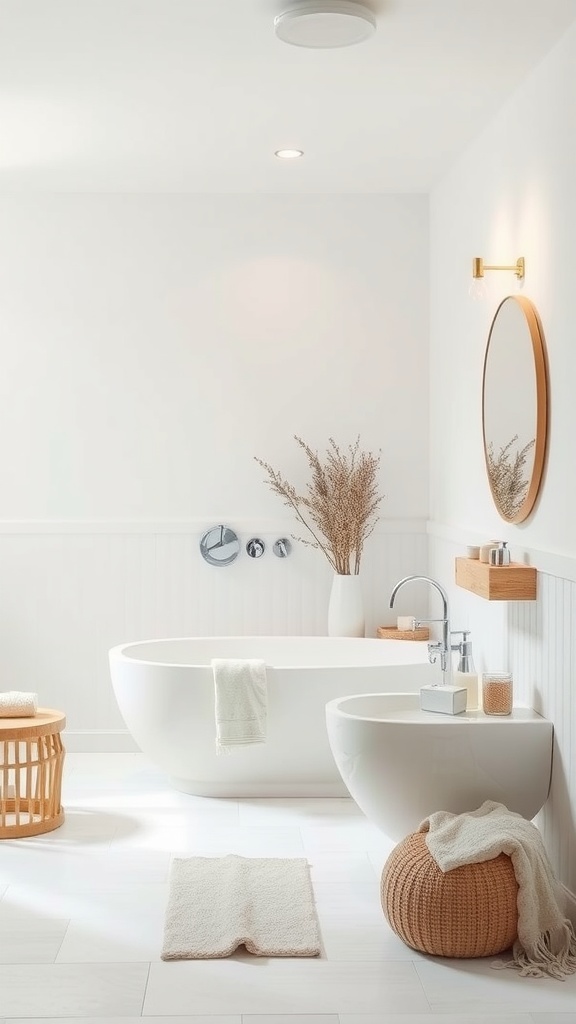 A serene bathroom with a freestanding bathtub, wooden accents, and soft textiles.