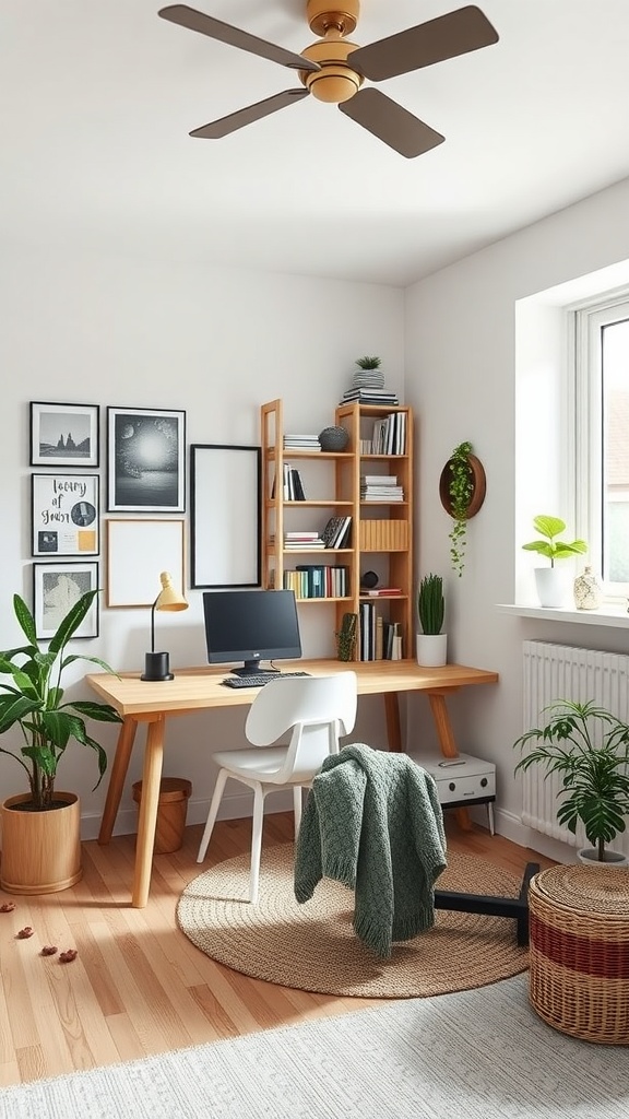 A bright and cozy multi-functional workspace featuring a desk, computer, bookshelves, and plants.