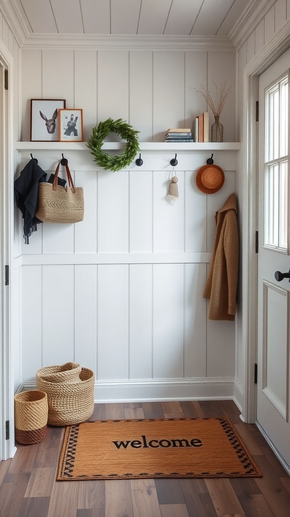 A bright and inviting Scandinavian-style entryway with hooks, baskets, and a welcome mat.