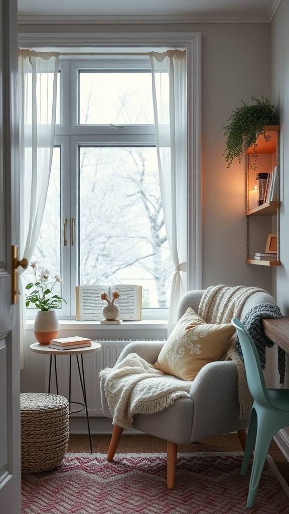 A cozy nook featuring a plush armchair, natural light from a window, and decorative elements.