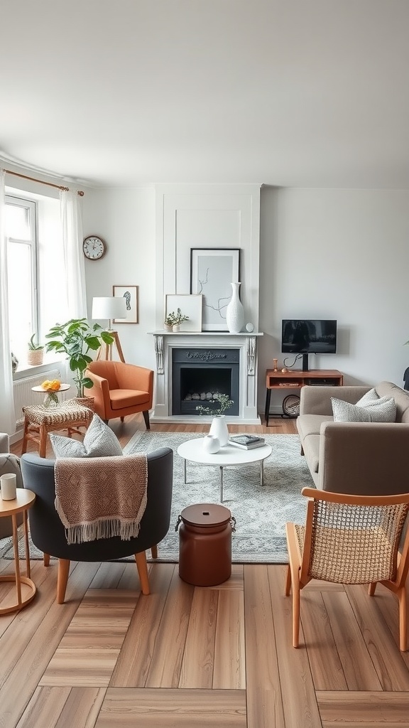 A Scandinavian styled living room featuring a mix of furniture and decor elements that create visual balance