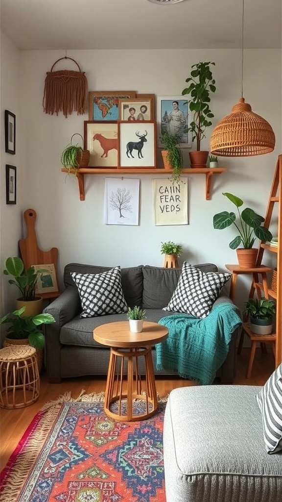 A cozy living room with a gray sofa, round wooden table, colorful rug, plants, and wall decor.