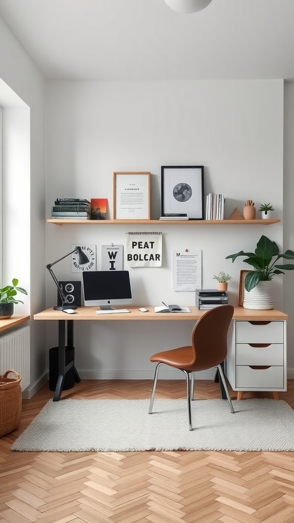 A minimalist Scandinavian-style workspace featuring a light wood desk, a simple chair, and wall-mounted shelves displaying framed art and books.