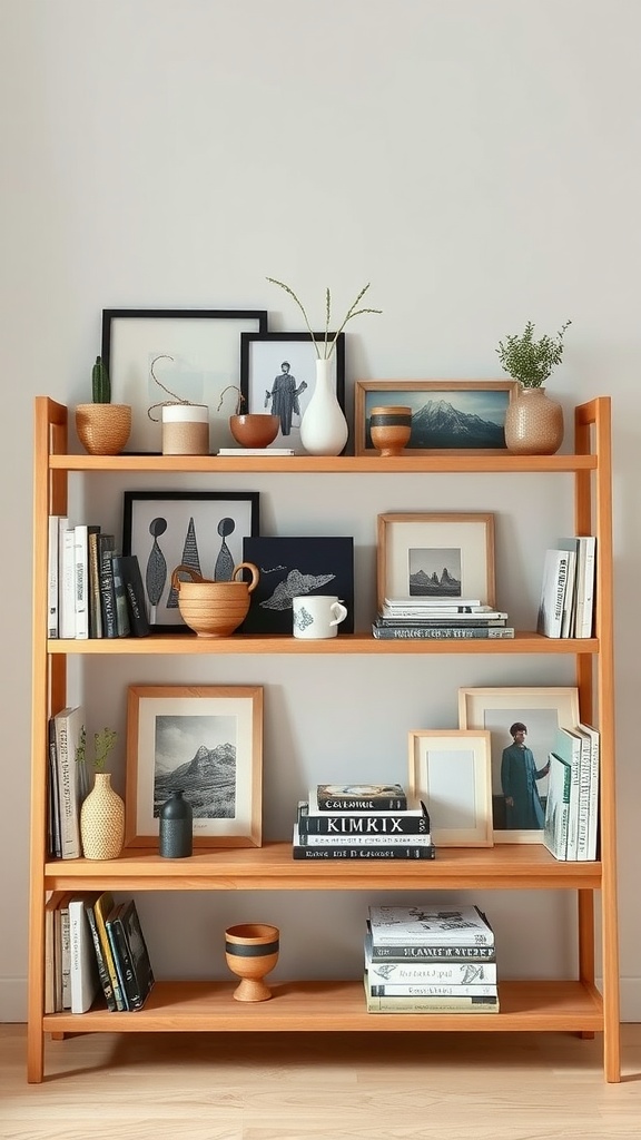 A wooden bookshelf displaying a collection of books, framed photos, and decorative items in a minimalistic style.