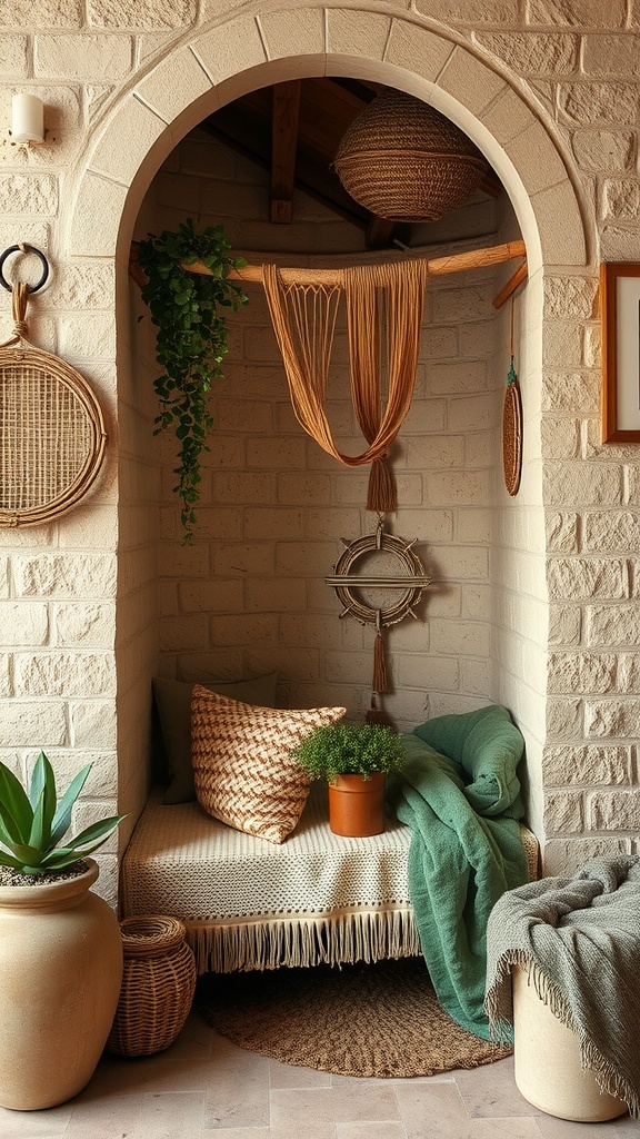 Cozy boho nook with earthy color palette and natural textures.