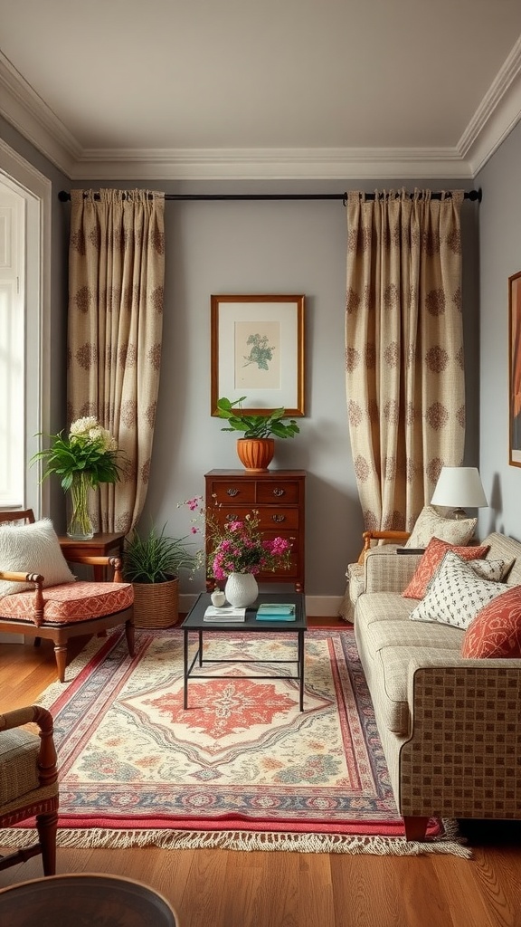 A cozy living room featuring an eclectic mix of patterns with floral curtains, a geometric sofa, and a colorful rug.