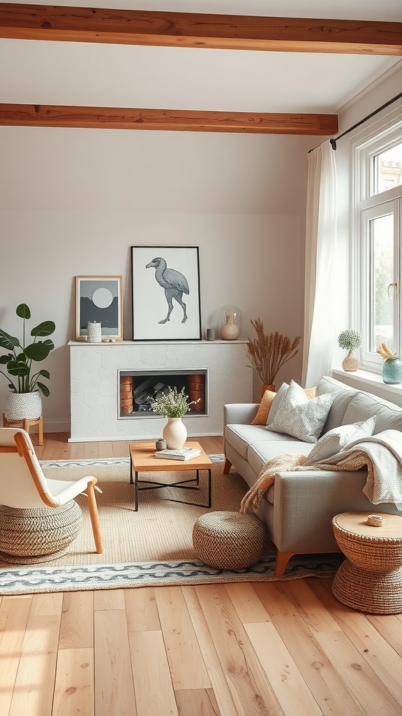 A cozy Scandinavian living room featuring earthy tones, wooden beams, and natural textures.