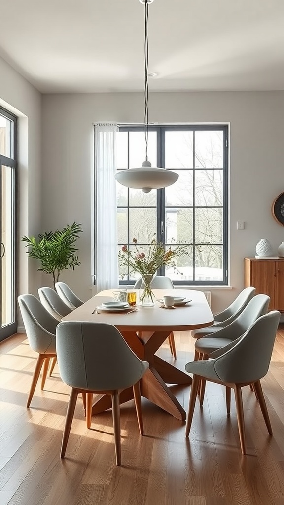 A modern Scandinavian dining area featuring an organic-shaped table and soft curved chairs, with natural light streaming in through large windows.