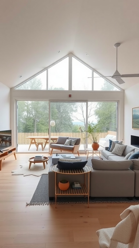 A bright Scandinavian living room with large windows, natural wood furniture, and a cozy layout emphasizing indoor-outdoor flow.