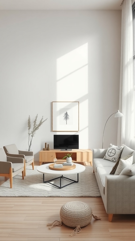 A minimalist Scandinavian living room featuring light grey furniture, a round coffee table, and natural light from a large window.