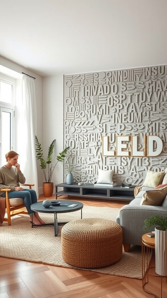 A modern living room with a textured wall made of three-dimensional letters, featuring a relaxed seating area.