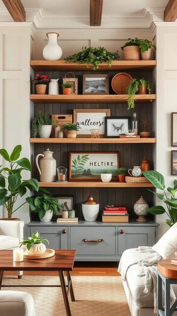 Farmhouse style shelving with plants, decorative items, and framed pictures.