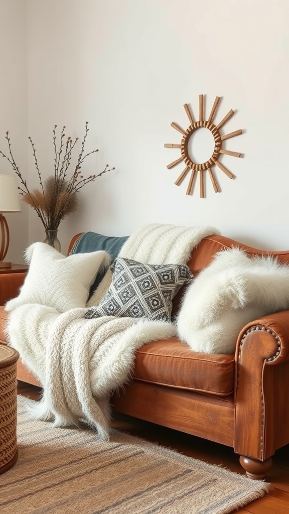 A cozy living room featuring a leather sofa adorned with faux fur throws and decorative pillows.