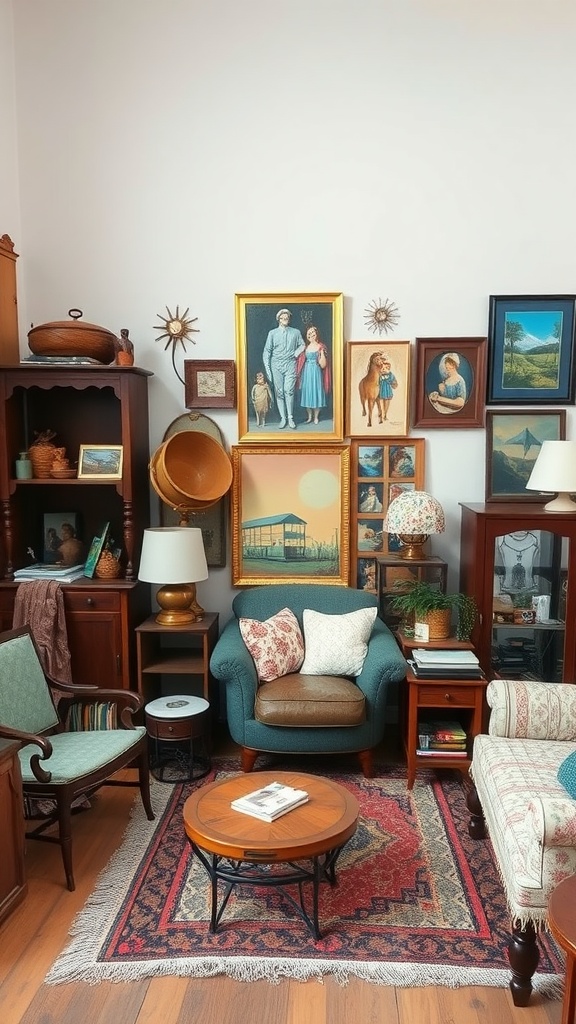 A cozy living room with vintage decor featuring wooden furniture, patterned rugs, and a gallery wall of eclectic artworks.