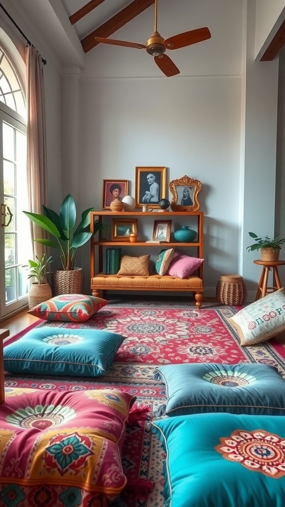 A cozy corner with colorful floor cushions and a wooden sofa in a boho chic style living room