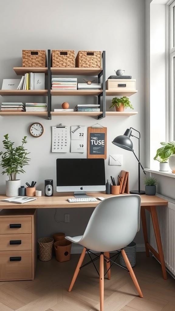 Scandinavian style workspace with a wooden desk, organized shelves, and plants.