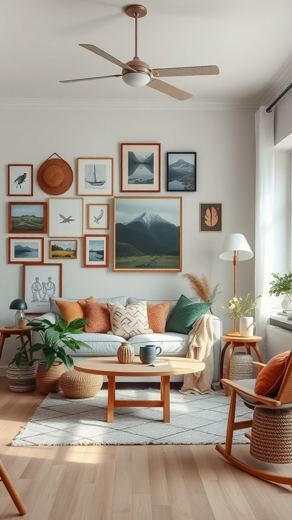 A cozy Scandinavian living room featuring a gallery wall with framed art, warm cushions, wooden furniture, and plants.