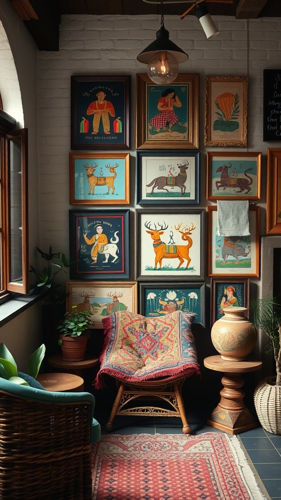 A cozy corner adorned with colorful folk art paintings, a woven chair, and decorative elements