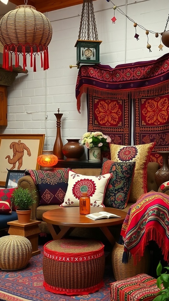 A cozy bohemian corner featuring colorful textiles, lanterns, and plants.