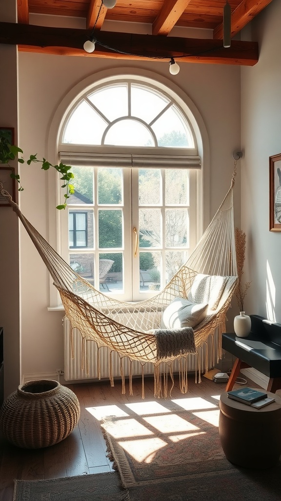 A cozy hammock hanging in a sunlit room near a large window, with a soft blanket draped over it.