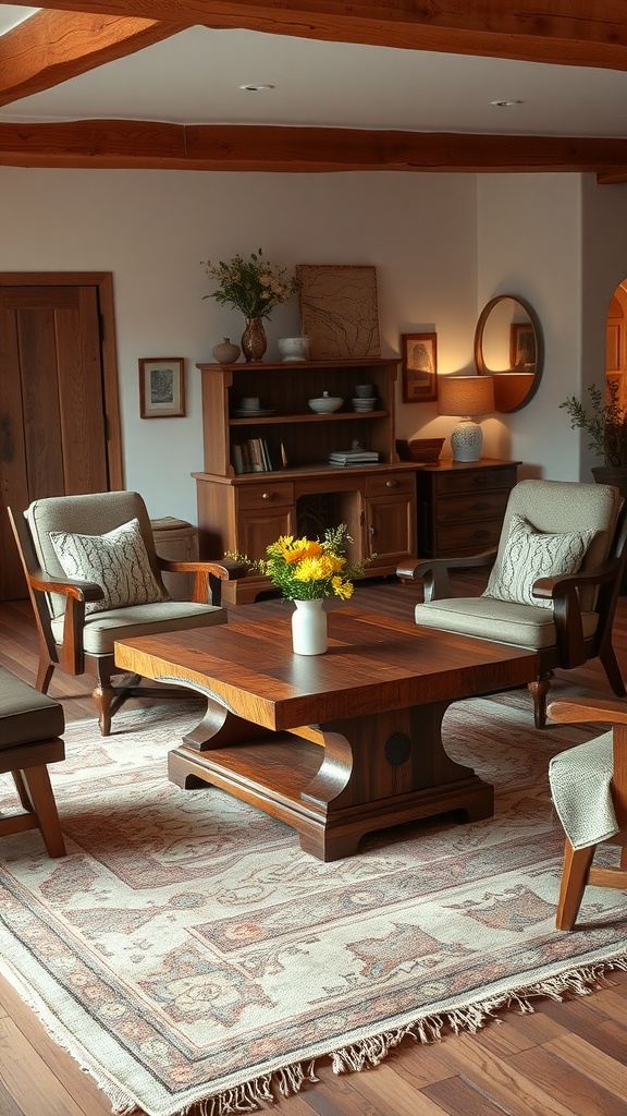 A rustic living room featuring handcrafted wooden furniture, including a coffee table and comfortable chairs, with warm tones and decorative elements.