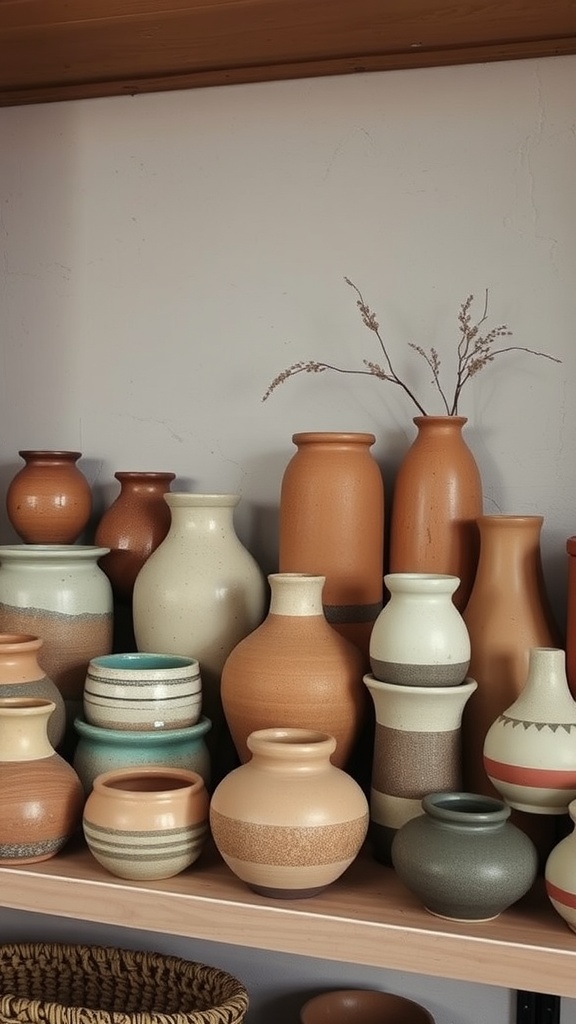 A collection of handmade pottery and ceramics displayed on a shelf.