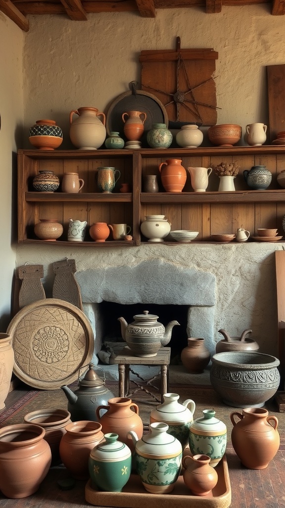 A collection of handmade pottery displayed on wooden shelves, showcasing various styles and colors.