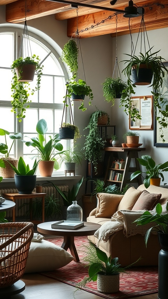 Rustic living room with hanging plants and greenery