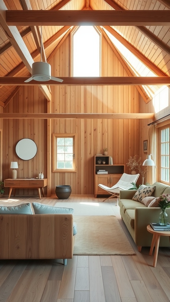 Interior of a Scandinavian-style living room with wooden walls and ceiling, featuring a cozy seating arrangement and natural light.