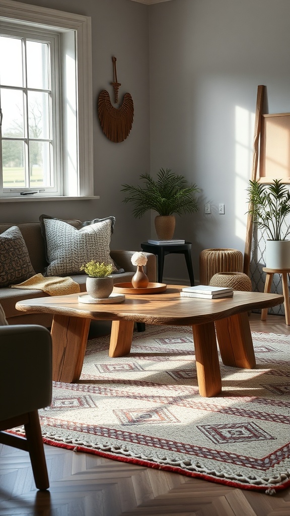 Cozy Scandinavian living room featuring a wooden coffee table, woven wall art, and plants