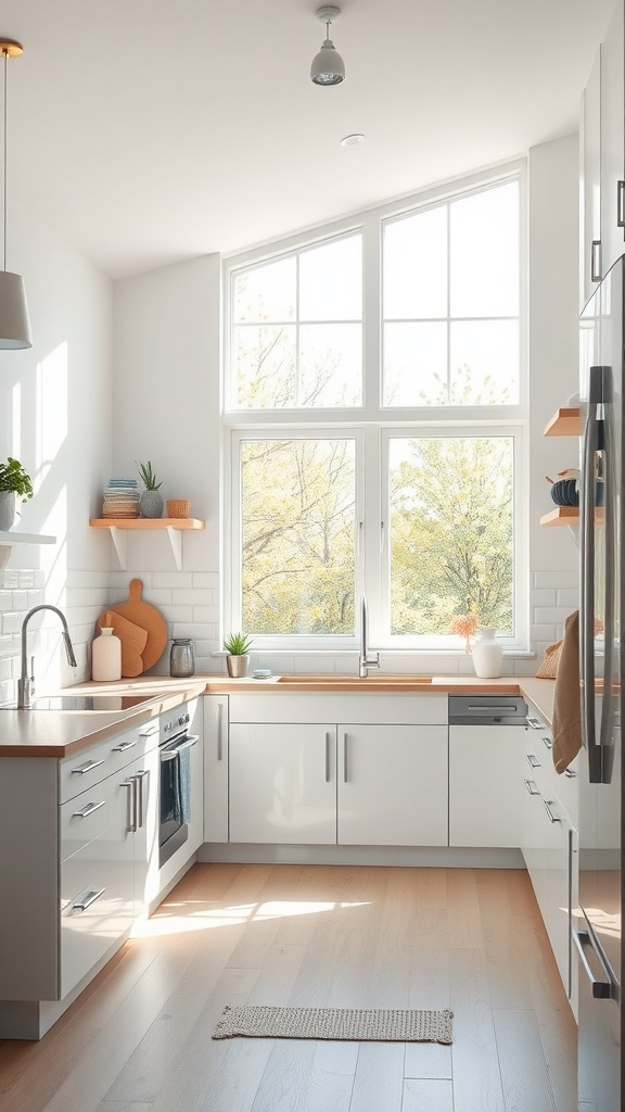 A bright Scandinavian-style kitchen with large windows allowing natural light, light wooden floors, and simple decor.