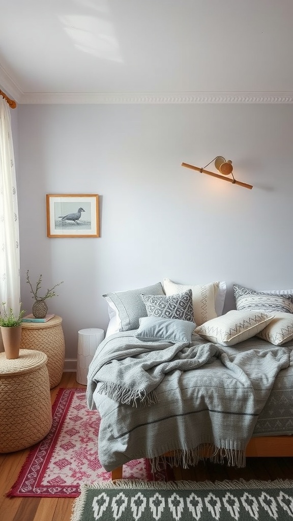 A cozy bedroom featuring layered bedding with Nordic patterns, decorative pillows, and two rugs.