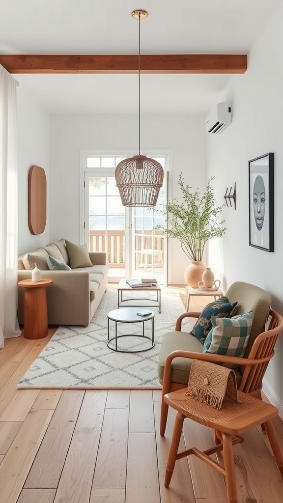 A bright Scandinavian living room with natural materials and plants.