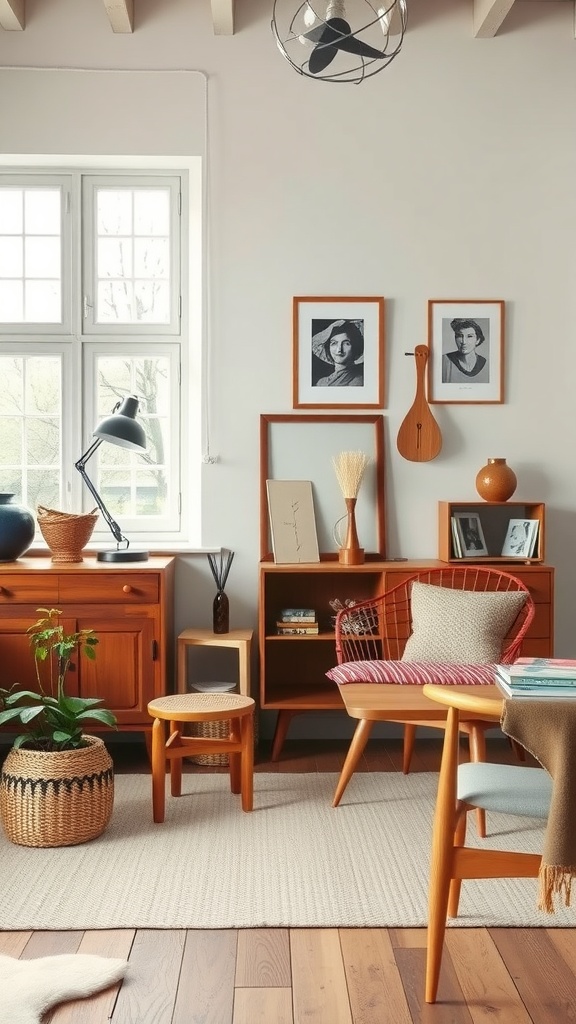 A cozy Scandinavian living room featuring vintage wooden furniture, framed photographs, and decorative plants.