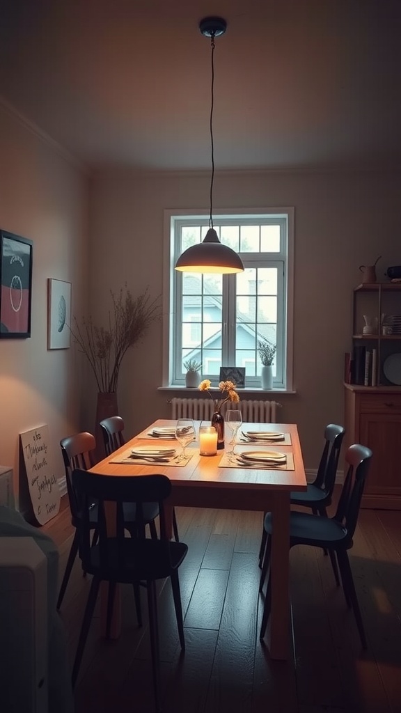 A warm and inviting dining area with a wooden table, black chairs, and soft pendant lighting.