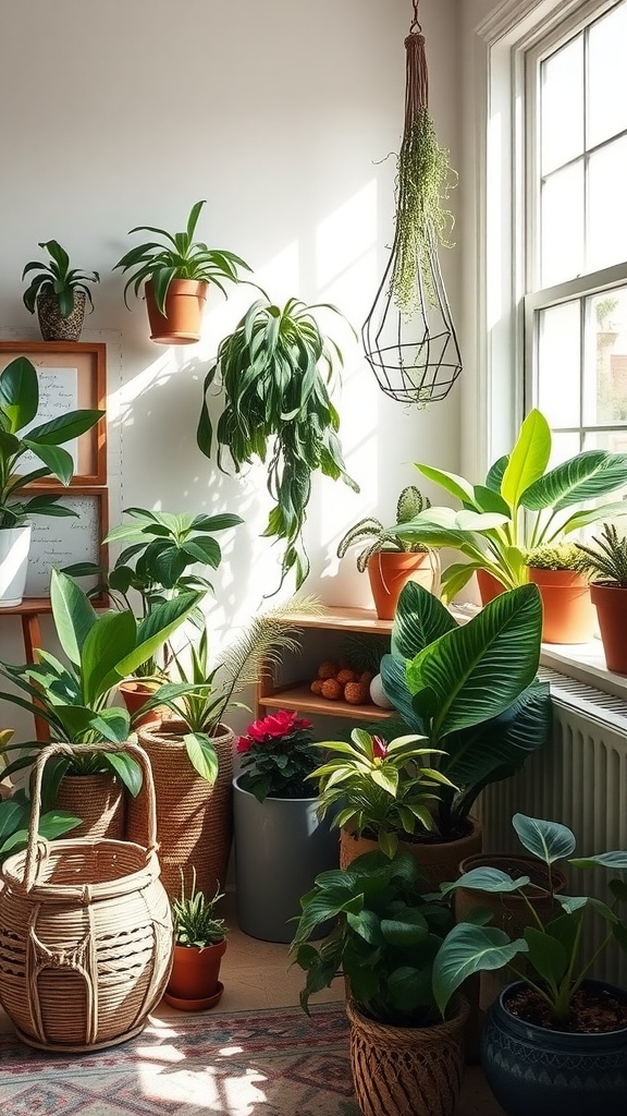 A bright and cozy indoor space filled with various plants, showcasing a bohemian style.