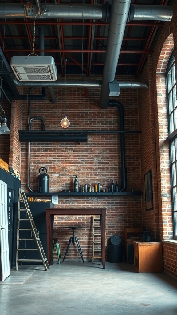 Industrial vintage interior with exposed brick, metal pipes, wooden table, and vintage decor.