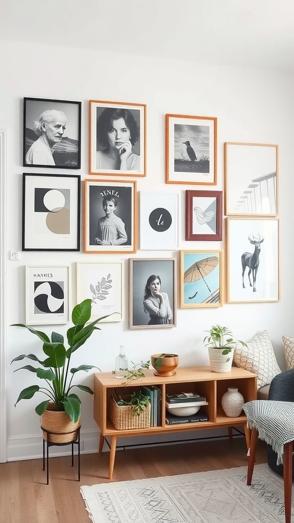 A gallery wall featuring a variety of art styles and a wooden console table with plants and books.