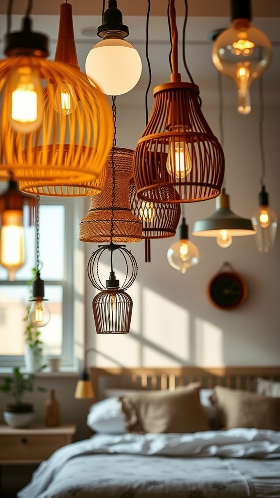 An array of layered lighting fixtures in a cozy bedroom setting, featuring different shapes and materials.