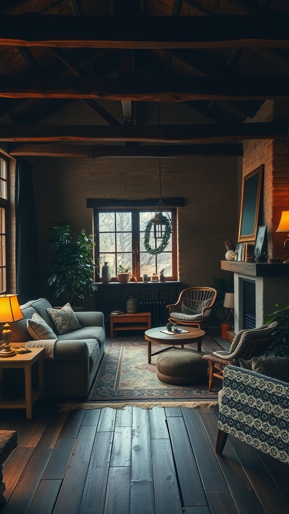 Cozy rustic living room with layered lighting, featuring a sofa, chairs, and a coffee table.