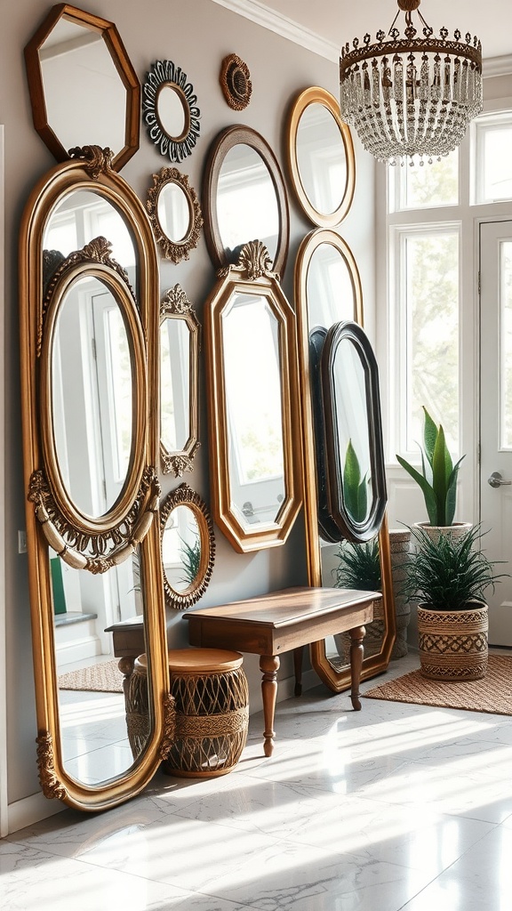 A wall adorned with various layered mirrors in gold frames, showcasing a boho chic style.