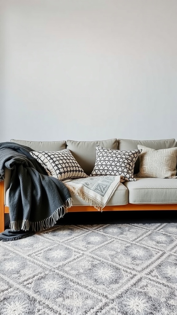 Cozy sofa with layered pillows and a throw, showcasing patterns and textures.