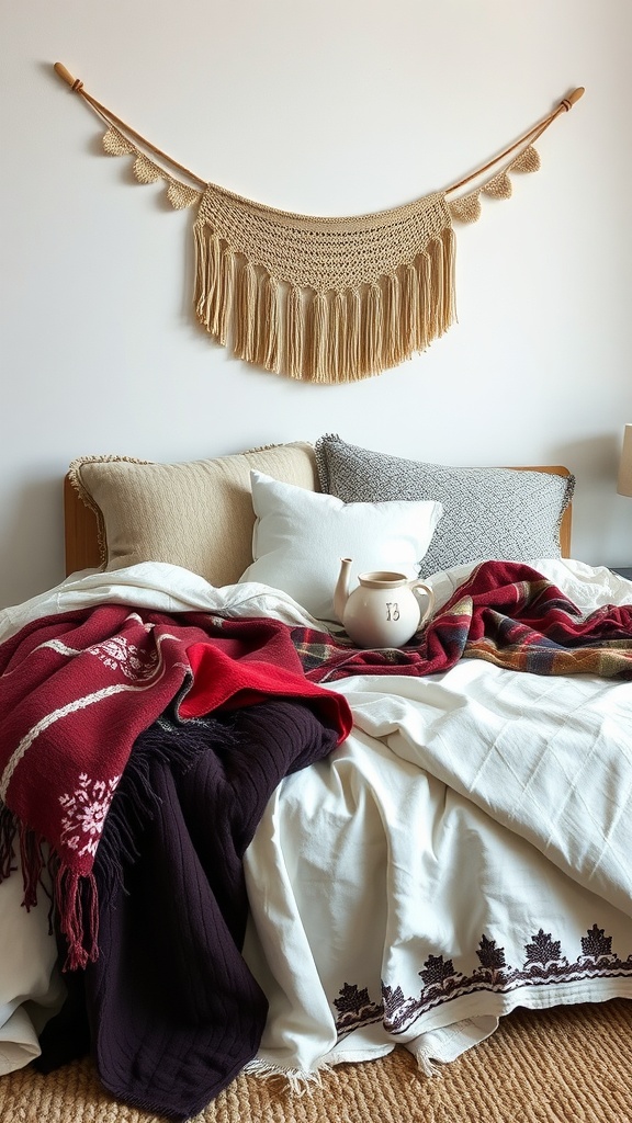 A cozy bed with layered textiles including a macramé wall hanging, various blankets, and decorative pillows.