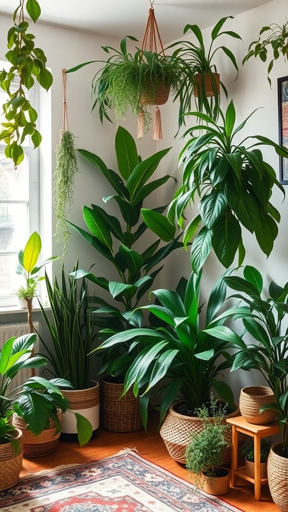 A cozy corner filled with various indoor plants in natural woven baskets, enhancing boho chic decor.