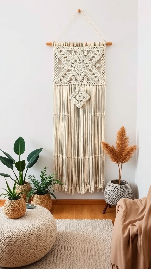 A stylish macrame wall hanging in a bright room with plants and cozy furniture